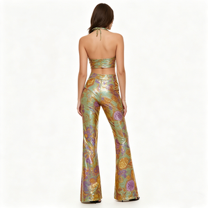 Conjunto de Top Corto Metálico con Cuello Halter y Pantalones Acampanados para Mujer, Estilo <span class=keywords><strong>K</strong></span>-pop para Actuaciones en Escenario, Poliéster, 2 Piezas - Product Image 4