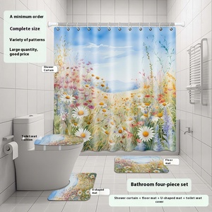 Juego de <span class=keywords><strong>cortinas</strong></span> de baño de cuatro piezas superventas de <span class=keywords><strong>Amazon</strong></span>, cortina de <span class=keywords><strong>ducha</strong></span> impermeable de poliéster con estampado de pradera de flores silvestres de acuarela - Product Image 1