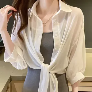 夏の女性シフォン日焼け止めシャツ無地タイウエストブラウス薄い通気性のあるコートエレガントなカーディガンルーズボタントップス - Product Image 1