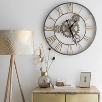 24 POUCES 60cm Classique Métal Forme Ronde Fer Industriel Antique Squelette Chiffres Romains Décoration Maison Noir Horloge Murale