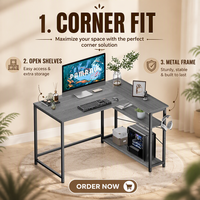 PAMRAY Bureau d'angle en forme de L de 109 cm avec étagères réversibles et bibliothèque, table de travail et de jeu en métal pour chambre à coucher, noir