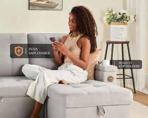 Sofá <span class=keywords><strong>Cama</strong></span> Extraíble <span class=keywords><strong>con</strong></span> <span class=keywords><strong>Chaise</strong></span> de Almacenamiento Sofá <span class=keywords><strong>Cama</strong></span> Multifuncional <span class=keywords><strong>con</strong></span> Puertos de Carga USB y Portavasos - Product Image 4
