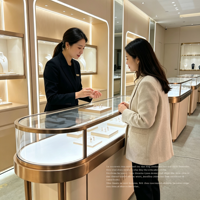 Comptoir de présentation de bijoux en verre incurvé, cadre en métal rose doré, vitrine aux coins arrondis avec éclairage LED chaud intégré, logo personnalisé