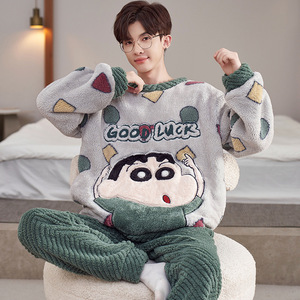 Conjunto de Pijama de Felpa Suave para <span class=keywords><strong>Hombre</strong></span>, Grueso y Cálido, de Felpa de Coral con Dibujos Animados, Ropa de Dormir Juvenil - Product Image 1