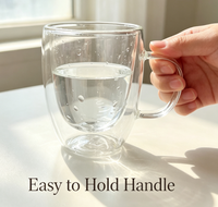 Mug en verre borosilicate double paroi fait main, anti-fuite, compatible lave-vaisselle, 350 ml, corps transparent uni et lisse, poignée transparente