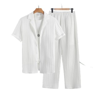 Ensemble d'été décontracté pour <span class=keywords><strong>homme</strong></span> : Chemise boutonnée à manches courtes côtelée 100 % polyester avec col de costume et pantalon long de couleur unie – <span class=keywords><strong>Style</strong></span> urbain - Product Image 5