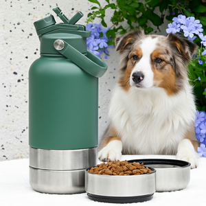 Mangeoires pour animaux de compagnie 3 en 1 OEM Bouteille d'eau pour chiens d'extérieur isolée sous vide en acier inoxydable à double paroi de 32oz avec bol - Product Image 1