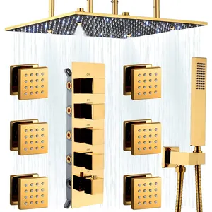 16 Inch Ceiling 4 IN 1 Polished Gold LED Rain Shower Head System set Full Body Massage Multi Shower Faucet Sets