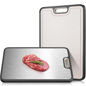 Tabla de Cortar de <span class=keywords><strong>Doble</strong></span> Cara de Acero Inoxidable y Paja de Trigo PP de 15x10 Pulgadas, Tabla de Cortar con Borde de Silicona Antideslizante para Carne y Verduras - Product Image 1