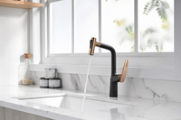 Robinet de cuisine extractible noir et or rose, mitigeur d'évier à poignée unique avec douchette, robinetterie sanitaire