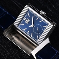Montre de sport rectangulaire réversible pour homme, 20 mm, analogique, dégradé, heure mondiale, date, mouvement mécanique, acier inoxydable, saphir