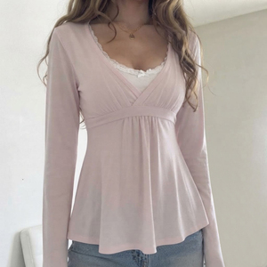 Korean Deep V Neck Waist Cinching Tie Bow Pleated Long Sleeve Tee Solid Color Versatile Comfortable Babydoll Hem <b>Top</b> - Product Image 3
