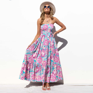 Oem Bohemian Ladies Long Strapless Print Ruffle Smocking <strong>Elastic</strong> Tube <strong>Top</strong> Bloom Printed Tie up Waist Casual Holiday Maxi <strong>Dress</strong> - Product Image 6