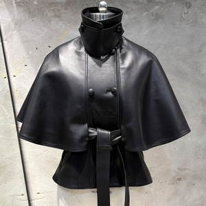 Veste en cuir de mouton véritable à col montant et manches chauve-souris pour femme, style cape - Product Image 6