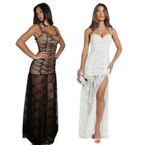 Robe de soirée élégante, moulante, longueur au sol, bretelles spaghetti sexy, crêpe, dentelle, motif solide, romantique - Product Image 1