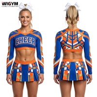 Custom Royal Blue Orange Cheerleading Uniforms Long Sleeve Geometric Crop <strong>Top</strong> Pleated Skirt US All Star Competition Team Factory