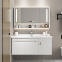 Ensemble de meuble-lavabo flottant blanc avec armoire miroir LED, armoire de rangement haute pour linge et étagère murale ouverte pour salles de bain modernes