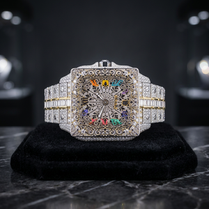 AMBER JEWELS Harlem Bling Luxury Unisex สีขาว/สีเหลืองทอง CITIZEN นาฬิกาวินเทจควอตซ์หน้าปัด 46 มม. คริสตัลแซฟไฟร์ดีไซน์แบบกลวง - Product Image 1