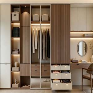 Multifunctional Wood & White Integrated Wardrobe <b>With</b> Dressing <b>Desk</b> <b>Mirror</b> Door Integrated <b>Lighting</b> Bedroom Furniture - Product Image 6