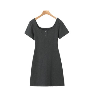 Robe Courte Trapèze Col Carré Runqi Grande Taille Coupe Ajustée Style Simple Respirante Décontractée Quotidienne Couleur Unie - Product Image 1