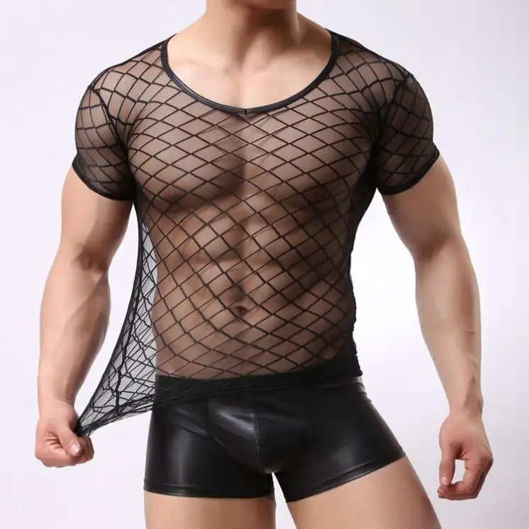Seksi See-through sıkı örgü seksi eşcinsel erkekler iç çamaşırı seksi siyah şeffaf elbise seksi T gömlek için adam