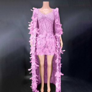 Abito Sexy con Perle e Piume per Donne Curvy, Vestito Trasparente Senza Reggiseno - Product Image 1