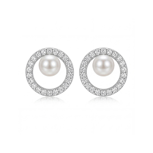 Pendientes de Plata S925 con Círculo Abierto, Halo de Circonitas y Perla, Joyería Geométrica Redonda con Diamantes y Perlas, Regalo Elegante para Mujeres y Niñas - Product Image 1