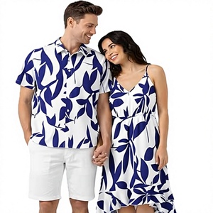 Premium <b>Couple</b> Clothing Set Blue Flower Print Shirt With Women Dress <b>Matching</b> <b>Outfit</b> <b>For</b> Beach Holiday Resort Wear - Product Image 1