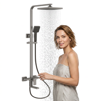Système de douche apparent gris anthracite avec mitigeur simple en laiton, valve céramique Wanshai, pommeau de douche carré effet pluie, douchette à main, bec de baignoire et fonction massage