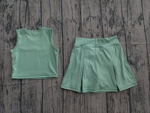 Ensemble de yoga sans manches pour enfant, jupe unie verte imprimée, tenue d'été pour petite fille, vente en gros GSD3760 - Product Image 6