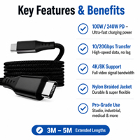 Câble long USB-C 20 Gbps 5 m certifié CE FCC RoHS pour charge rapide et transfert de données, câblage interne, vente en gros, marque privée