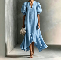 Nouvelle Robe Longue Tissée Respirante 2026 à Col en V, Manches Bouffantes, Taille Empire Amincissante, Couleur Unie et Ourlet Irrégulier – Tendance et Élégante