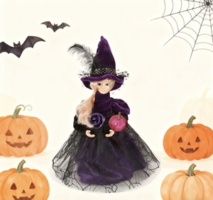 SOTE nuovo Design statuette di Halloween ragazza decorativa viola serie che tiene una Mini zucca <span class=keywords><strong>e</strong></span> <span class=keywords><strong>fiori</strong></span> di seta viola - Product Image 1