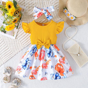 Süßes Kleid mit Schleife und Flügelärmeln für kleine Mädchen, niedliches zweiteiliges Set aus Patchwork-Rock und Kopftuch für Babys - Product Image 1