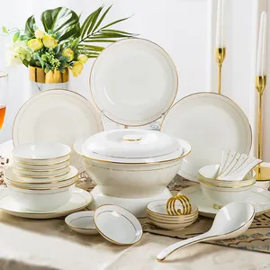 Vaisselle en céramique de luxe, vente en gros, 56 pièces, ensemble de vaisselle de mariage en porcelaine dorée, vaisselle de dîner, ensembles d'assiettes