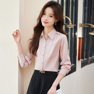 Women's White Satin Shirt Long Sleeve Solid Color Workwear Professional Blouse For Office Wear - Product Image 4