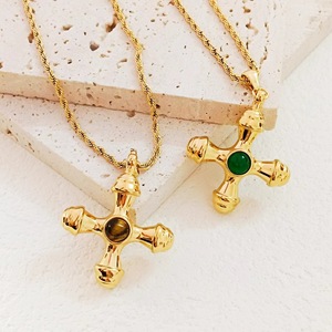 Ensemble collier et boucles d'oreilles vintage baroque avec pendentif croix, en or 18 carats, acier inoxydable, pierre naturelle œil de <span class=keywords><strong>tigre</strong></span>, agate verte, <span class=keywords><strong>chaîne</strong></span> corde, étanche - Product Image 5