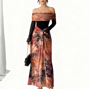 ชุดเดรสแขนยาวผ้าตาข่ายพิมพ์ลายคอปาดไหล่เซ็กซี่สำหรับผู้หญิงแฟชั่น - Product Image 1