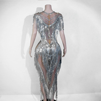 Robe de danse maxi dos nu en maille transparente avec franges en strass argentés de luxe, costumes sexy pour la scène, vêtements de danse pour Drag Queen, en stock