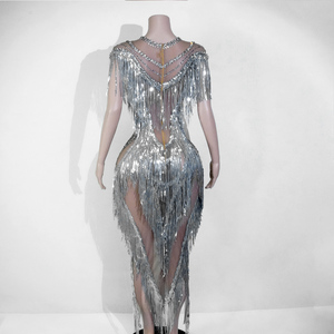 <span class=keywords><strong>Vestido</strong></span> Maxi de Lujo con Flecos de Pedrería Plateada y Malla Transparente, Sin Espalda, para Baile, Disfraces Sexys, Ropa de Baile Escénico, <span class=keywords><strong>Drag</strong></span> <span class=keywords><strong>Queen</strong></span>, para Mujer, En Stock - Product Image 4
