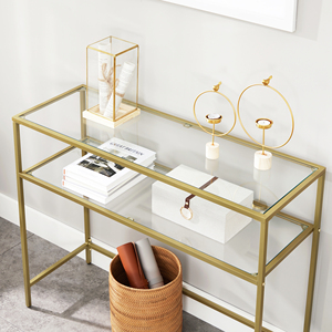 VASAGLE Bàn Đồ Nội Thất Gia Đình Hiện Đại Bằng Thép Không Gỉ Sang Trọng 2 Kệ Kính Bảng Điều Khiển Có Chân Vàng - Product Image 2