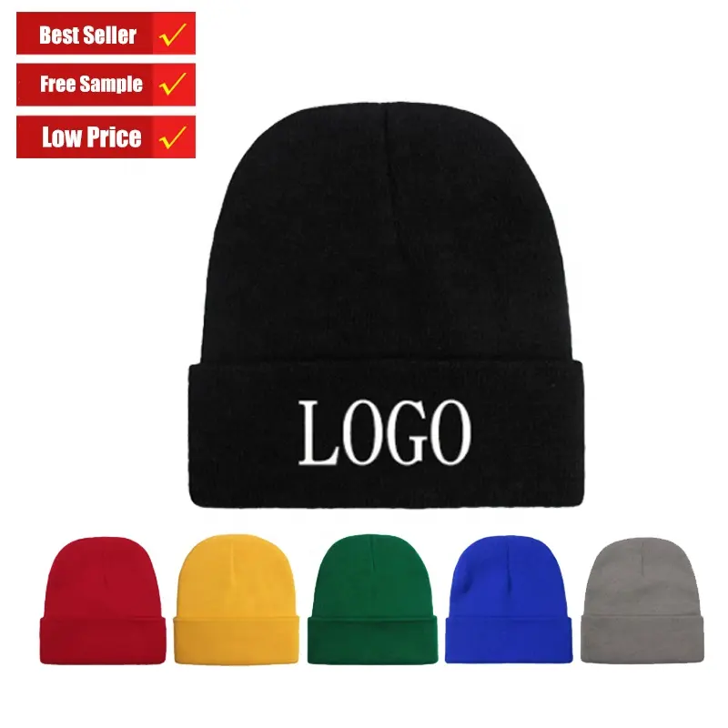 Оптовая продажа, промоакция, Пользовательский логотип с вышивкой, однотонная теплая зимняя дизайнерская акриловая жаккардовая неоновая вязаная шапка, зимняя шапка