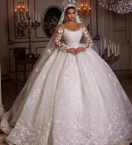2810 высококачественные кружевные свадебные платья для невесты с длинными рукавами, Блестками, Бисером, прозрачная шея, аппликация, Блестящий тюль, свадебные платья