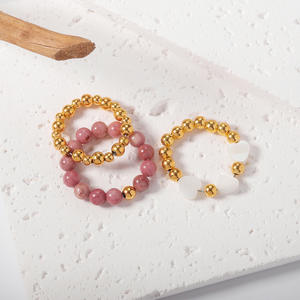 クラシックシェルハートリングセット ピンクトルマリン天然石 ステンレススチールビーズリング 女性用 ガールズ用 - Product Image 2