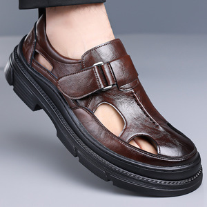 Sandales plates en cuir souple pour hommes, à fermeture Velcro, chaussures décontractées d'été, taille adulte 40 41 42 43 44 45 - Product Image 3