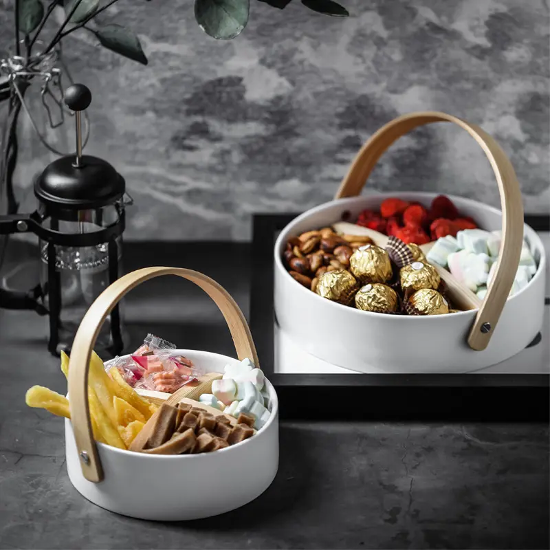 Small Size Snacks Nuts Candy Serving Divider White Baskets For Fruit Tea Time Ceramic Basket With Wooden Handle