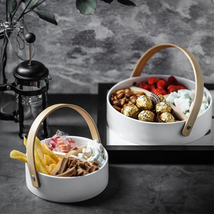 Petits paniers de service en céramique avec poignée en bois pour fruits, goûter, noix, bonbons, taille petite, couleur <span class=keywords><strong>blanche</strong></span> - Product Image 1