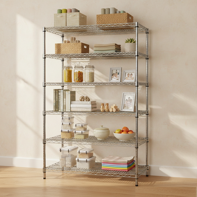 Industrial Kitchen Combined Storage Rack 6-Layer Durable Heavy-Duty Carbon Steel Anti-Rust Chrome Shelves