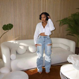 Jeans de Pierna Recta para Mujer, Lavados a Mano, con Diamantes de Imitación y Múltiples Bolsillos - Product Image 2