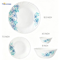 Service de table en verre opale 19 pièces, bord festonné, motif floral bleu et cyan, vaisselle en verre opale trempé pour usage domestique quotidien